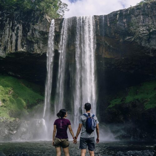 travel, wanderlust, couple, waterfalls, falls, holding hands, backpackers, backpacking, travelers, traveling, adventure, landscape, banff, trekking, trip, nature, vacation, journey, alberta, phone wallpaper, aesthetic wallpaper, iphone wallpaper