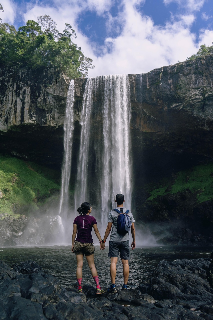 travel, wanderlust, couple, waterfalls, falls, holding hands, backpackers, backpacking, travelers, traveling, adventure, landscape, banff, trekking, trip, nature, vacation, journey, alberta, phone wallpaper, aesthetic wallpaper, iphone wallpaper